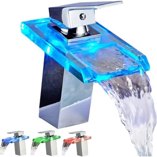 LED Basin Sink Faucet Waterfall Taps For Bathroom Temperature Colors Change Sink Tap Washbasin Faucet Glass Water-Tap