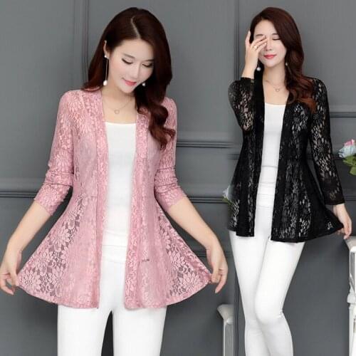 Jacket Women 2021 Spring Summer Loose Air Conditioning Sunscreen Shirt Coat Female Solid Color Casual Thin Lace Blouse Top Y998