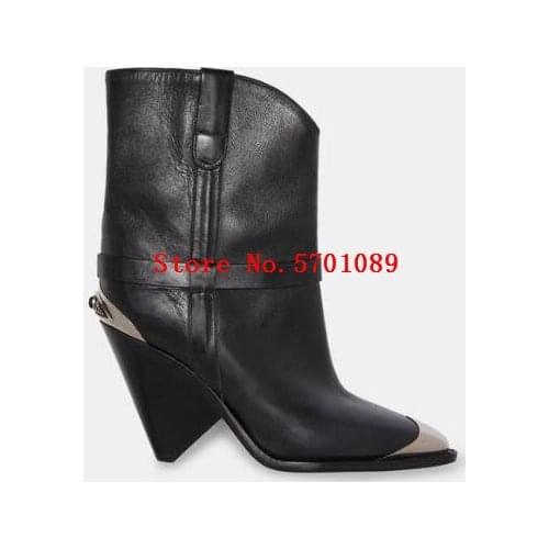 Women Lamsy Ankle Boots Western Cowboy Metal Toe Heel Pointed Toe Conical Heel Runway Boots Shoes