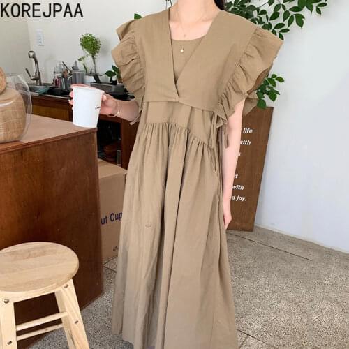 Korejpaa Women Set 2021 Summer Korean Chic Simple Pleated Loose Strap Vestido Lace-Up Ruffled Flying Sleeve BlouseTwo-Piece Sets