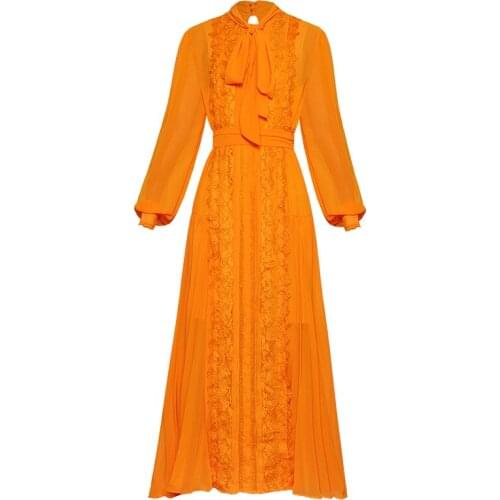 2021 HIGH QUALITY Designer Runway Maxi Dress Womens Lantern Sleeve Bow Collar Lace Embellished Long Dress