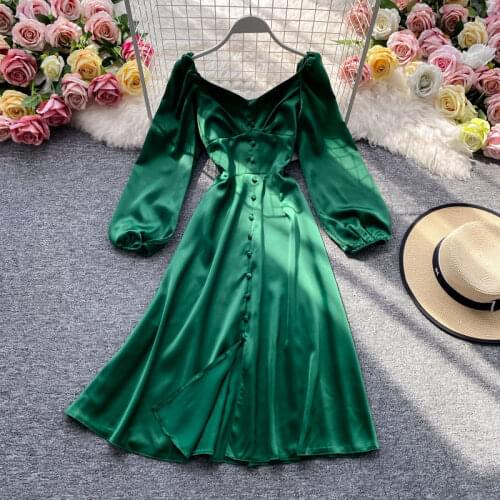 Spring A-Line Party Elegant Luxury Dress Long Sleeve Vintage Lace Runway Dresses Women Autumn High Waist 2021 Solid Color