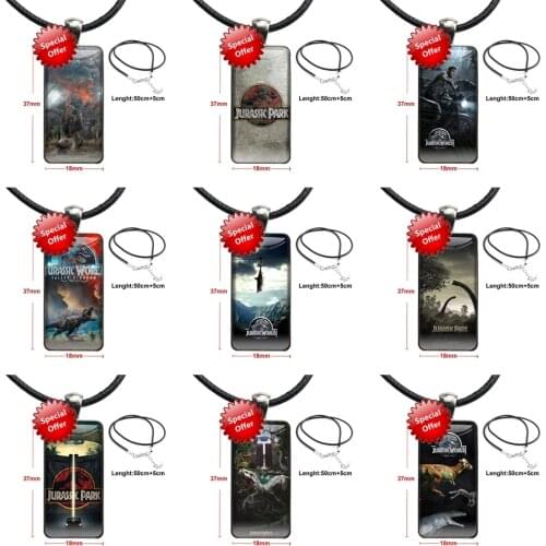 For Women Fashion Jewelry Jurassic Park Dinosaur World Glass Cabochon Pendant Necklace Rectangle Fashion Necklace Good