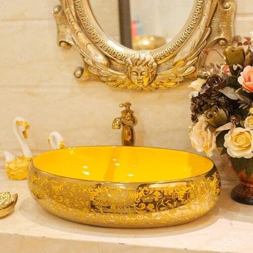 Golden Glittering Extravagant Court Style Wash Bathroom Sink For Home Decoration
