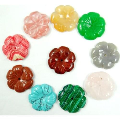 Wholesale 10PCS Mixed Color Natural Stone hand-carved Flower Pendant Charms 30MM For Diy Necklace Jewelry Making Free Shipping