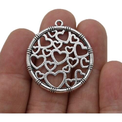 JAKONGO Silver Plated Round Heart Charm Pendants for Jewelry Making Bracelet DIY Accessories 32mm 4pcs