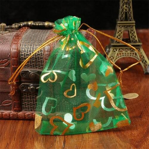 500pcs/lot Green Organza Bags 11x16cm Tulle Jewelry Candy Gifts Packaging Bag Pouches Wedding Favors Heart Drawstring Gift Bags