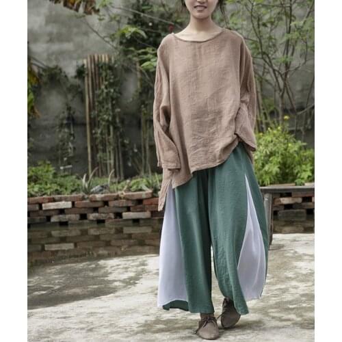 Women Loose Elastic Waist Patchwork Pants Ladies Spliced Spring Summer Trousers Female Vintage Pants