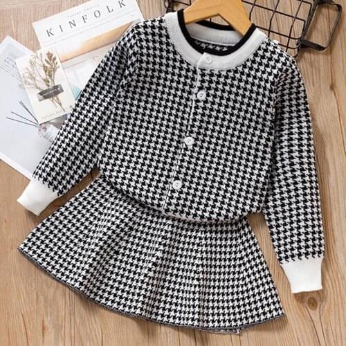 Kids Girls Plaid Clothing Sets Baby Knitted Tops And Skirt Outfits 2Pcs Children Casual Soft Clothing Cute Clothes For 3-7 Years