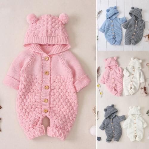 Emmababy Free Shipping 0-24M Newborn Baby Boys Girls Autumn Winter Bear Ear Knit Romper Hooded Sweater Jumpsuit Outfit