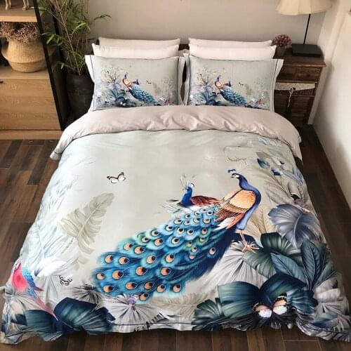 100% Cotton Sanding Printed Flower Bedding Set Wedding Bed Sheet set Duvet Cover Pillowcase Queen King 4pcs Animal birds peacock
