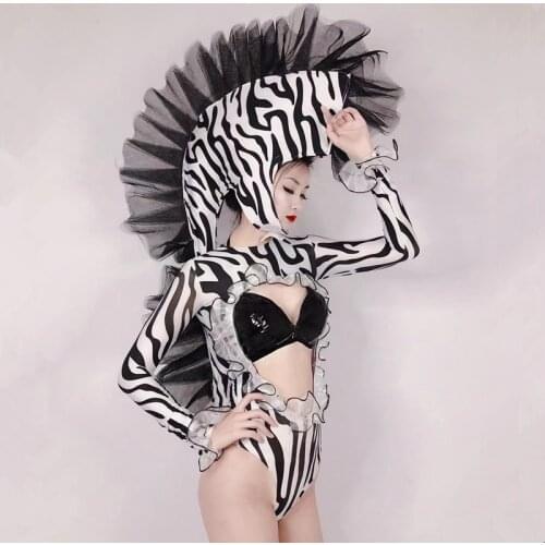 Halloween Cosplay Costume Zebra Role Playing Performance Clothes Black White Stripes Hollow Out Bodysuit Headdress Stage Wear