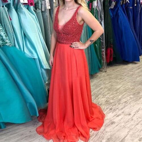 Red Sleeveless Evening Dresses V-Neck A-line Chiffon Sweep/Brush Party Dresses Paillette / Sequin Open back Party Gowns Applique