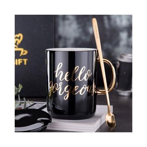 Creative Simple Ceramic Coffee Mugs With Cover And Spoon Office Teacups Couple Cup Beautiful Gift Box Packaging As Birthday Gif