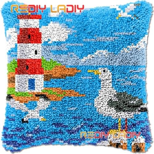 Latch Hook Cushion Cover Lighthouse and Seagulls Needlepoint Kits Chunky Acrylic Yarn Crocheting Pillow Case Arts & Crafts
