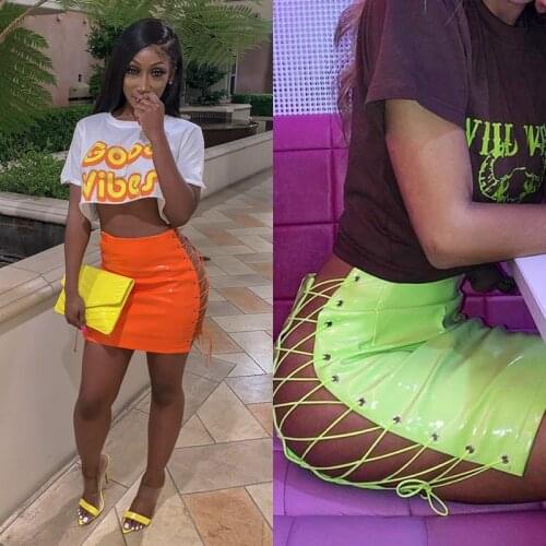 OMSJ PU Leather Skirt For Woman Lace Up Bright Neon Pink Green Orange High Waisted Straight Sexy Mini Skirt Female Streetwear