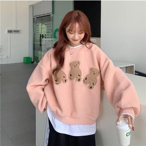 2020 New Hair Bear Kawaii Sweatshirt Women Thick Loose Korean Jacket Tide Ins Long Sleeve Pullovers Autumn Winter Clothes Women