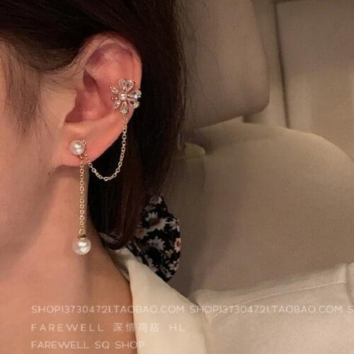 2020 New Arrival Crystal Pearl Trendy Water Flower Tassel Earbone Clip Ins Earrings Long Earrings Female Elegant Jewelry