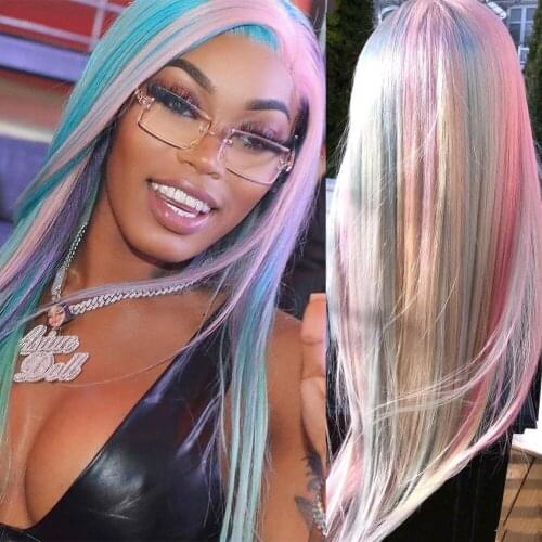 Pink Blue Rainbow Human Hair Wig Pre Plucked Straight Lace Front Wig With Baby Hair Glueless Transparent Lace Wigs for Women