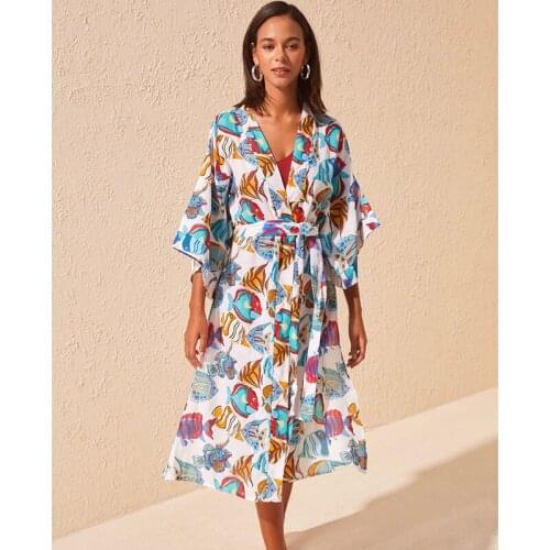 Sexy Bikini Cover-ups Tunic Boho Printed Summer Beach Dress Elegant Women Plus Size Beach Wear Swim Suit Cover Up Q1130