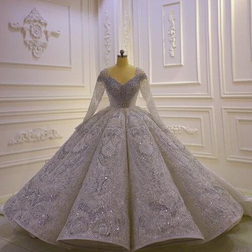 High Quality Long Sleeve Lace Appliqued Rhinestone Crystal Pleat Luxury Wedding Dress
