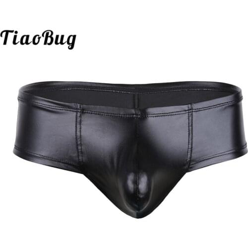 TiaoBug Sexy Men Briefs Sexy Lingerie Gay Underwear Black Latex Low Waist Front Bulge Pouch Panties Mini Bikini Male Underpants