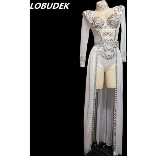 Sexy Mesh Perspective Sequin Bra Bodysuit Tailing DJ Female Singer Dancer Performance Outfit Nightclub See-through Stage Costume