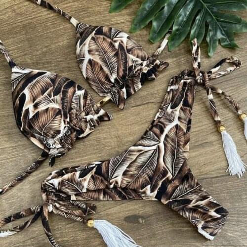 Sexy Leaves Print Swimsuit Micro Thong 2 Pieces Bathing Suit Women Mini Halter Bikini String Swimwear 2020 Swimming Suit Women