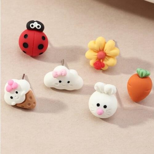 Cute Animal Earrings For Women 3D Cartoon Ladybug Rabbit Carrot Cloud Stud Earring Set Polymer Clay Ear Jewelry