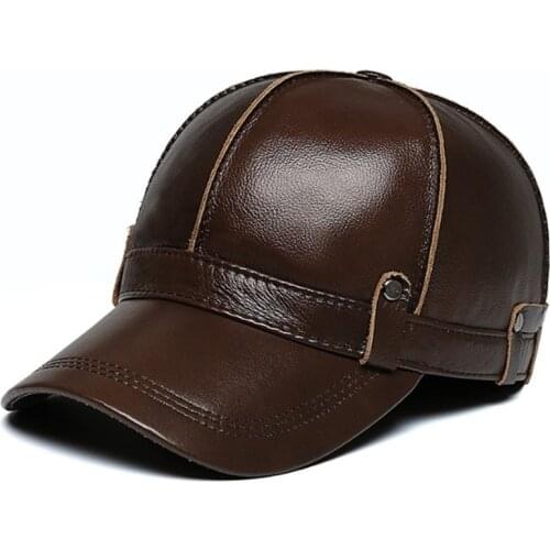 SILOQIN Winter Mens Windproof Warm Earmuffs Hats Cowhide Leather Baseball Caps Men Adjustable Size Natural Genuine Leather Cap