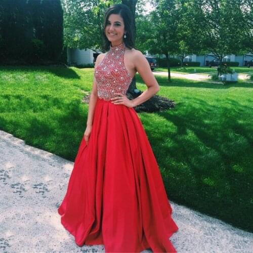 Crystal Beads A-line Evening Gown Vestidos Sexy Halter Backless Red Satin Charming Wedding Party Dresses