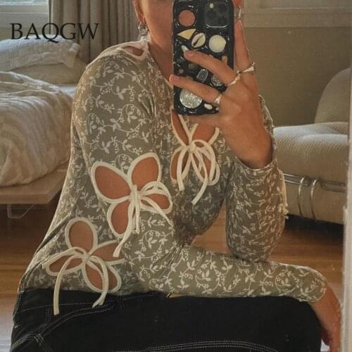 Vintage Floral Print Hollow Out Women Sexy T-shirts Long Sleeve Bodycon O-Nack Casual Green Basic Tops Female Fashion Outifits