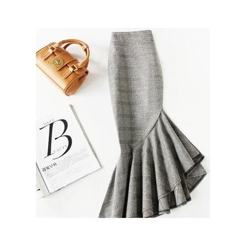 Plus size 4XL!Irregular fishtail skirt high waist women autumn winter package hip a-line plaid dot ruffles one step skirt TB3764