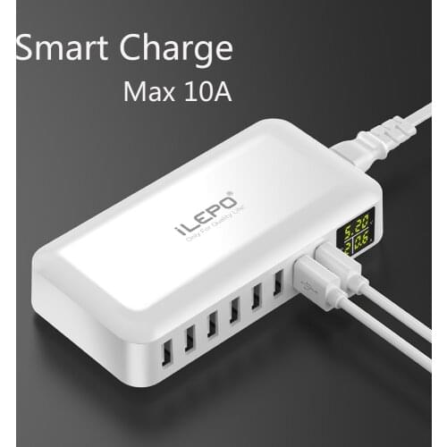 ILEPO 60W 8 Ports Quick Charge Smart USB Charger QC3.0 Screen Display Fast Charger Pocket Size with Cable For Huawei For iPhone
