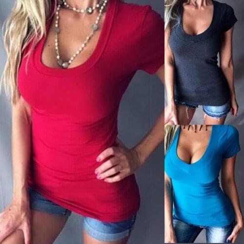 Hot Sales Plus Size Solid Color Slim Fits Women Deep V Short Sleeve T-Shirt Summer Top
