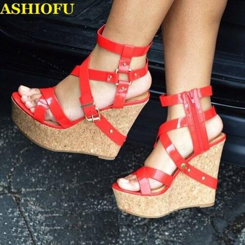 ASHIOFU Handmade Women Wadge Heel Sandals Buckle Strap Party Club Dress Shoes Peep-toe Prom Evening Dace Fashion Sandals Shoes