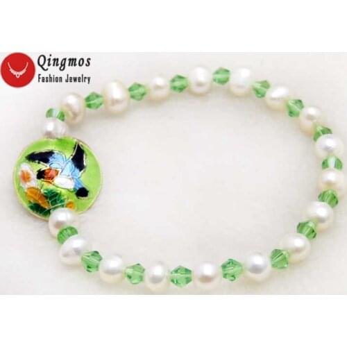 Qingmos Trendy 5-6mm White Natural Pearl Bracelets for Women with Green Crystal and 18mm Cloisonne 7.5'' Jewelry Bracelet-bra389