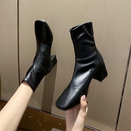 Ladies Elegant Square Heels Ankle Boots Fashion Solid Color Square Toe Zipper Leather Chelsea Boots Women Fall 2020 Work Shoes