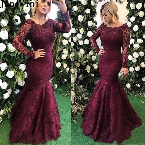 JaneVini Elegant Burgundy Bridesmaid Dress Mermaid Long Sleeve Pearls Lace Women Wedding Guest Dress sukienki damskie na wesele