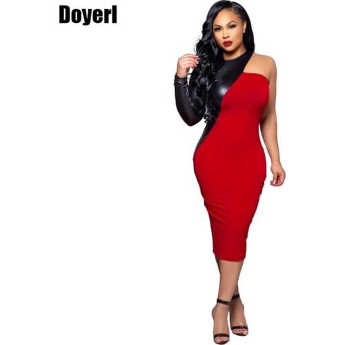 Patchwork PU Leather Sexy Bodycon Dress Women Winter Fahsion Elegant One Shoulder Long Sleeve Evening Party Pencil Dress Clothes