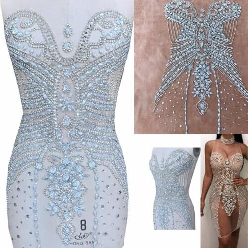 1Piece Luxury Handmade Silver Rhinestones Applique Full Body Crystal Patches Bodice Mesh for Wedding Dress Accessory