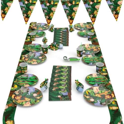 2019 Cute Lovely Jungle animals party Plates Napkins Cups lion party flag tableware Set for Kids happy Birthday Party Supplies