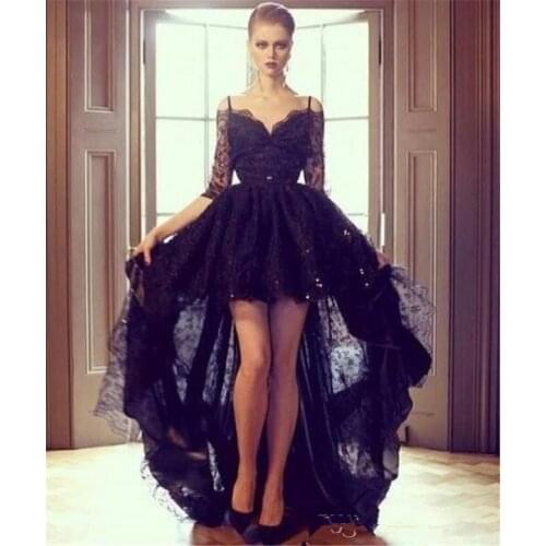 2020 Black Lace Hi Lo Evening Formal Dresses Sexy Off Shoulder High Low Long Sleeve Prom Party Dress Quality платье вечернее