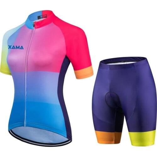2021XAMA Pro Womens Miticolor Short Sleeve Cycling Jersey Sets Bib Pant Conjunto Feminino Ciclismo Gel Pink Pad Maillot Mujer