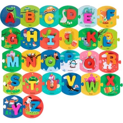 26Pcs Alphabet Math Toys Wooden Animal Puzzles Cards Early Education Math Toys For Children Preshcool Montessori Learning Gift