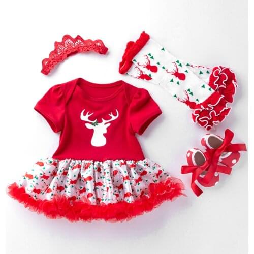 Baby Girl Clothes 3 Pcs Christmas Newborn Cotton Short sleeve Printed Deer Head Romper Jumpsuit Headband and Ankle Socks