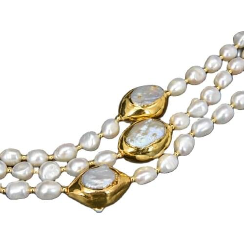 GG Jewelry 3 Strands 18''-21'' White Baroque Pearl 24 K Gold Color Plated Keshi Pearl Necklace For Women