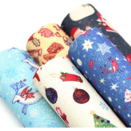 1Pcs 20x30cm Christmas Synthetic Leather Glitter Fabric Santa Claus Snowman Faux Leather For Sewing Material DIY HairBow/Bags