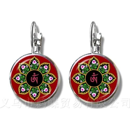 Classic OM Yoga Chakra Mandala Glass Dome Earrings Sacred Geometric Purple Flower Silver Plated Stud Earrings For Girls Gift