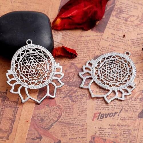Hot Sri Yantra Meditation Pendants For Handmade Components Silver Color Lotus Hollow Flower Style DIY Jewelry Findings,1 PC